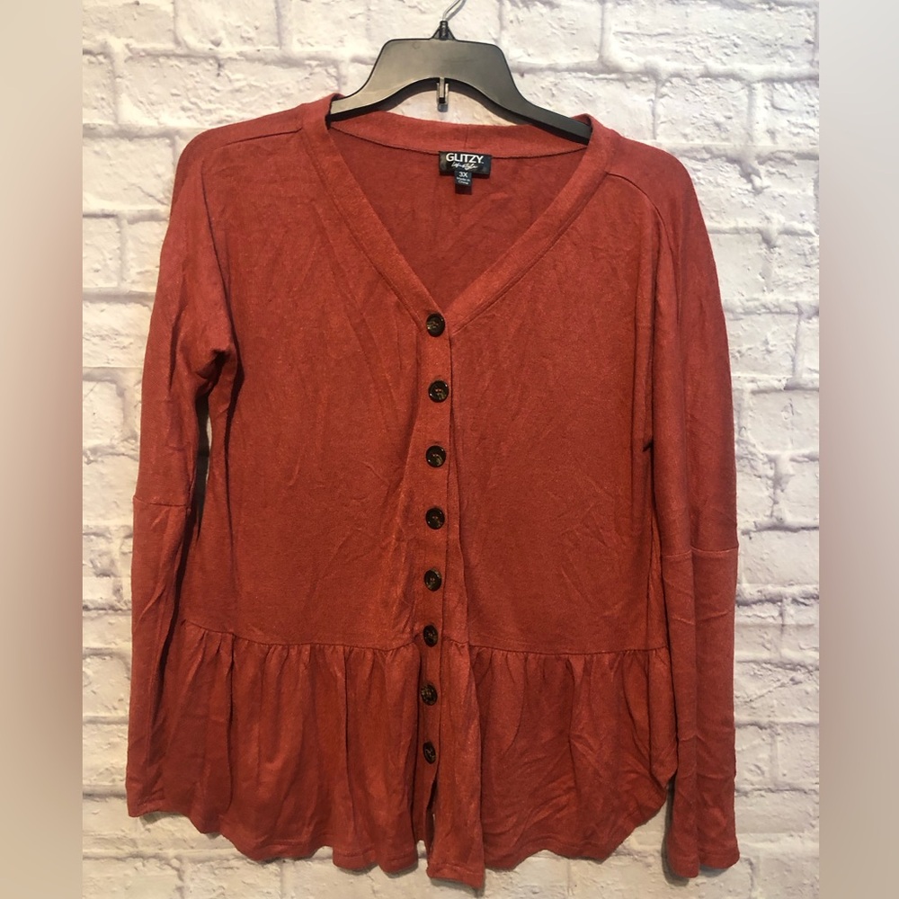 Burnt orange button up top from Glitzy Girl Boutique